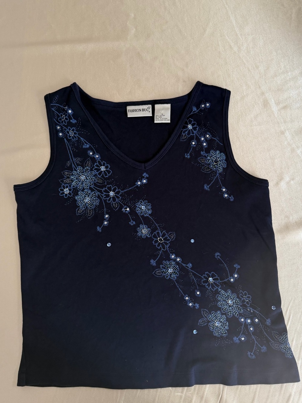 Fashion Bug Women Blue Floral Embroidered V-Neck Sleeveless Tank Top Large Y2k